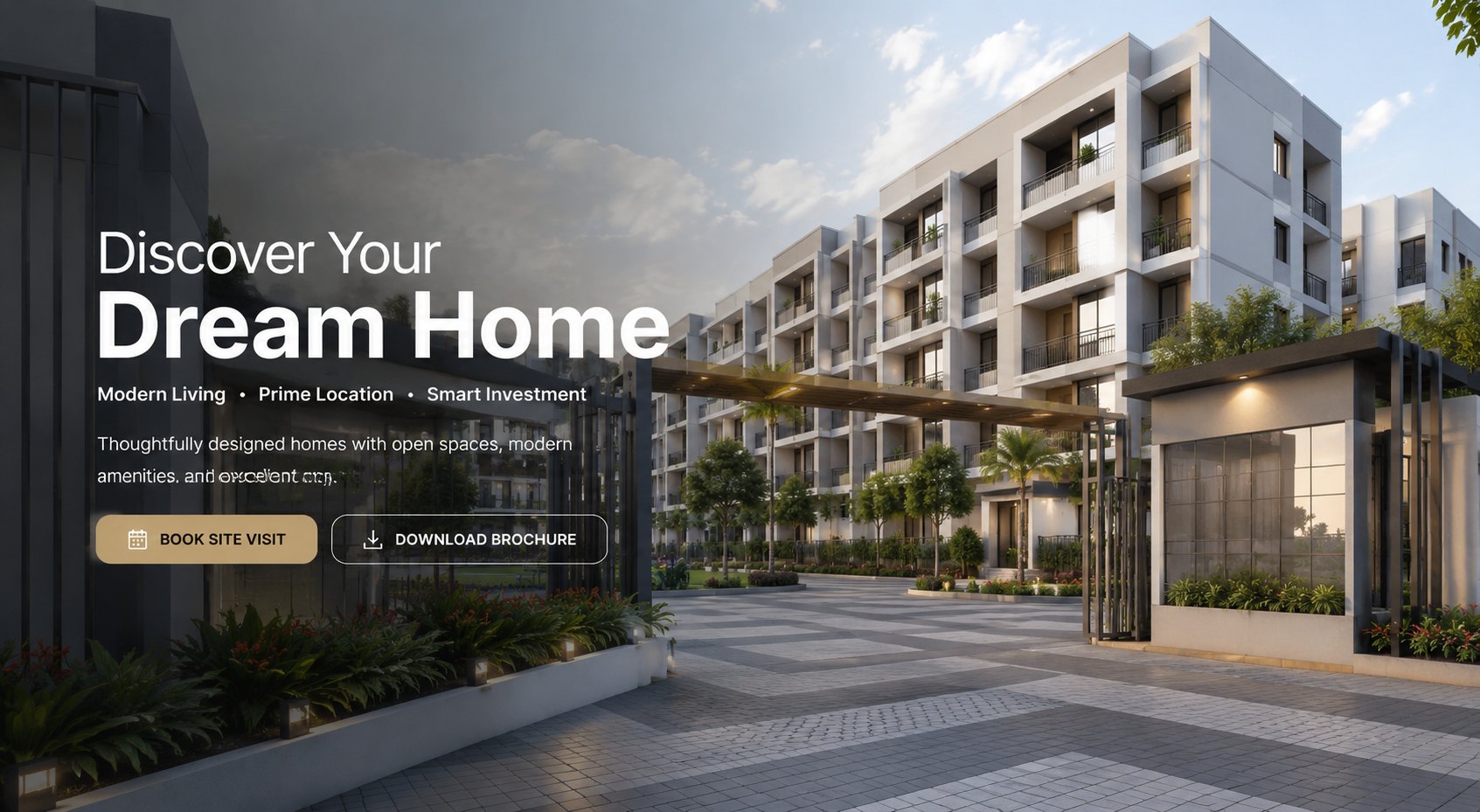 Vivaan Realty — premium landscaped entrance and residential society at golden hour